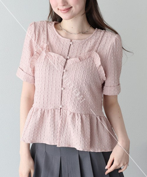 Button Shirt/Blouse Bustier-style Short-Sleeved Blouse Short Sleeve