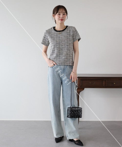 T-shirt Ladies fashion Tweed Cut-and-sew