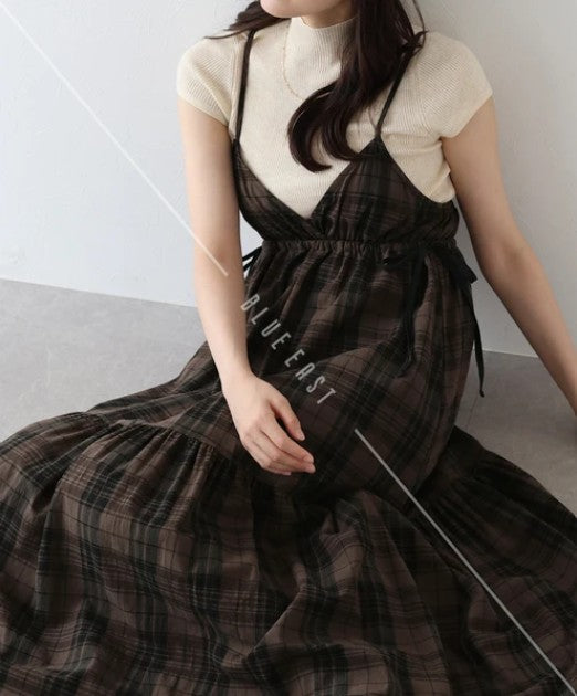 Casual Dress Check Pattern Ladies fashion Camisole Dress Check Side Ribbon