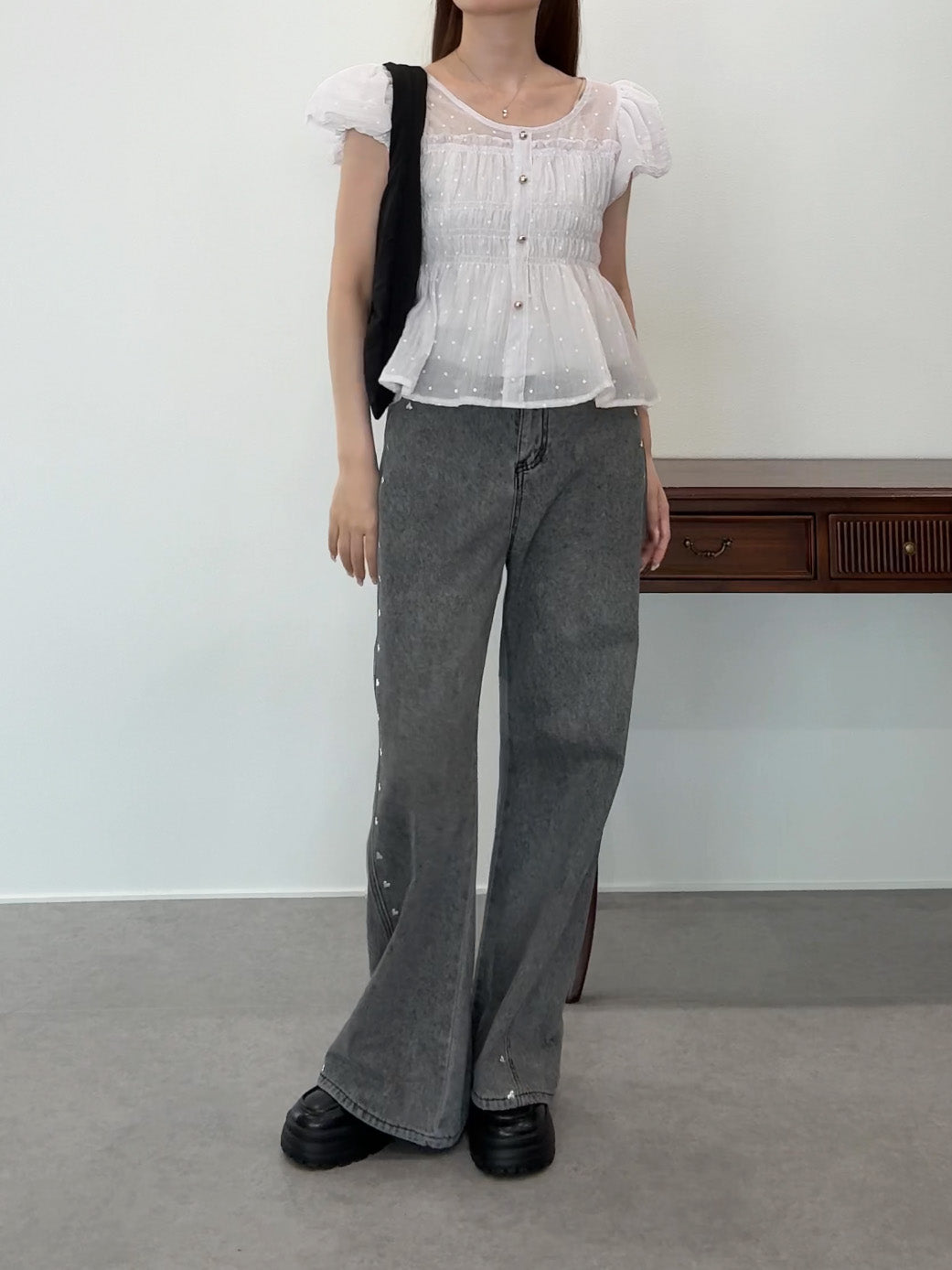 【Sale ended】Polka-Dot Shirred Blouse with Short Puff Sleeves