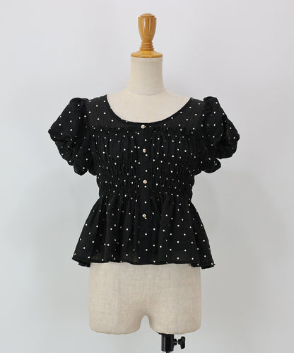 【Sale ended】Polka-Dot Shirred Blouse with Short Puff Sleeves