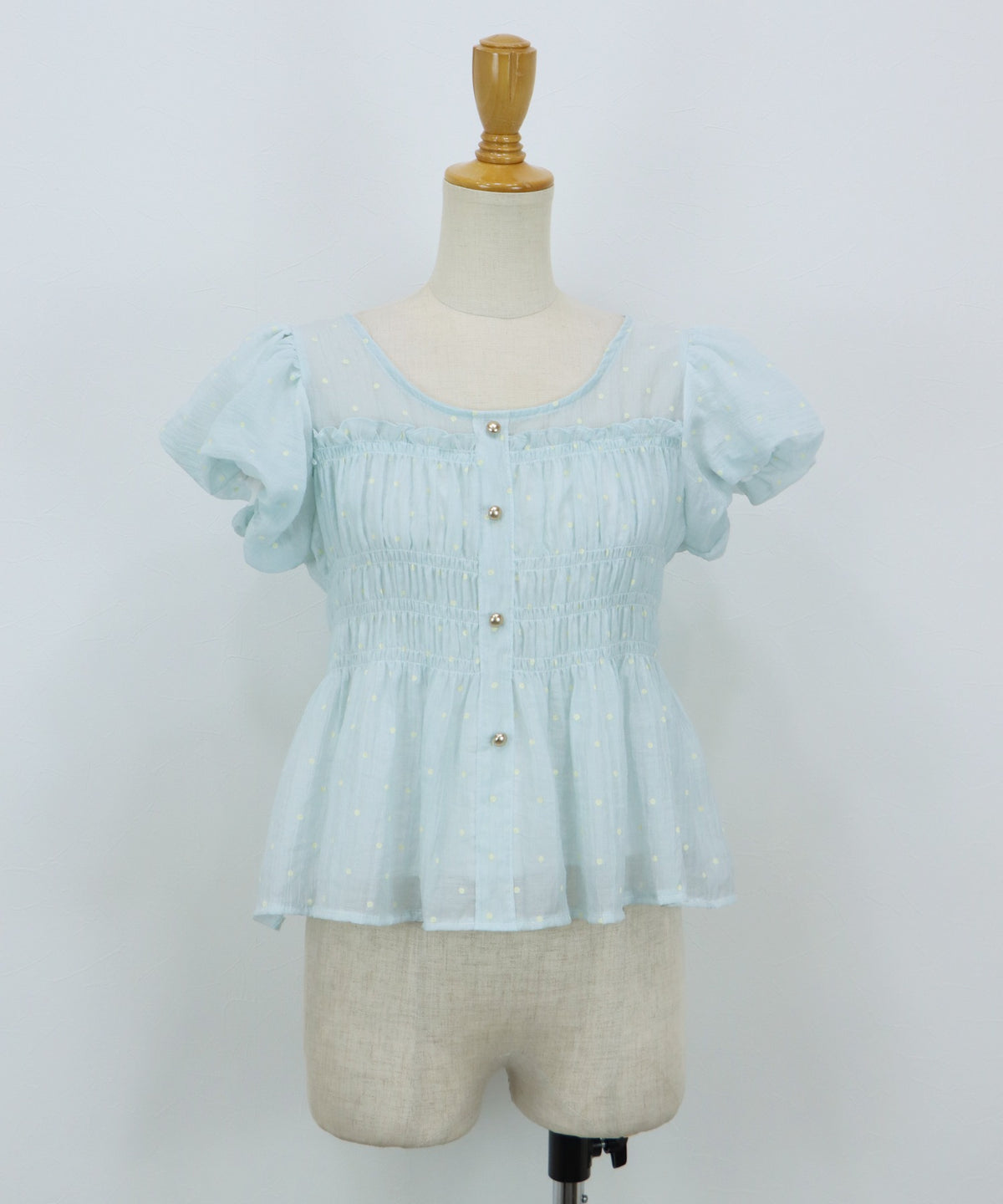 【Sale ended】Polka-Dot Shirred Blouse with Short Puff Sleeves