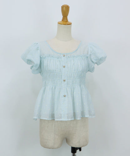 【Sale ended】Polka-Dot Shirred Blouse with Short Puff Sleeves