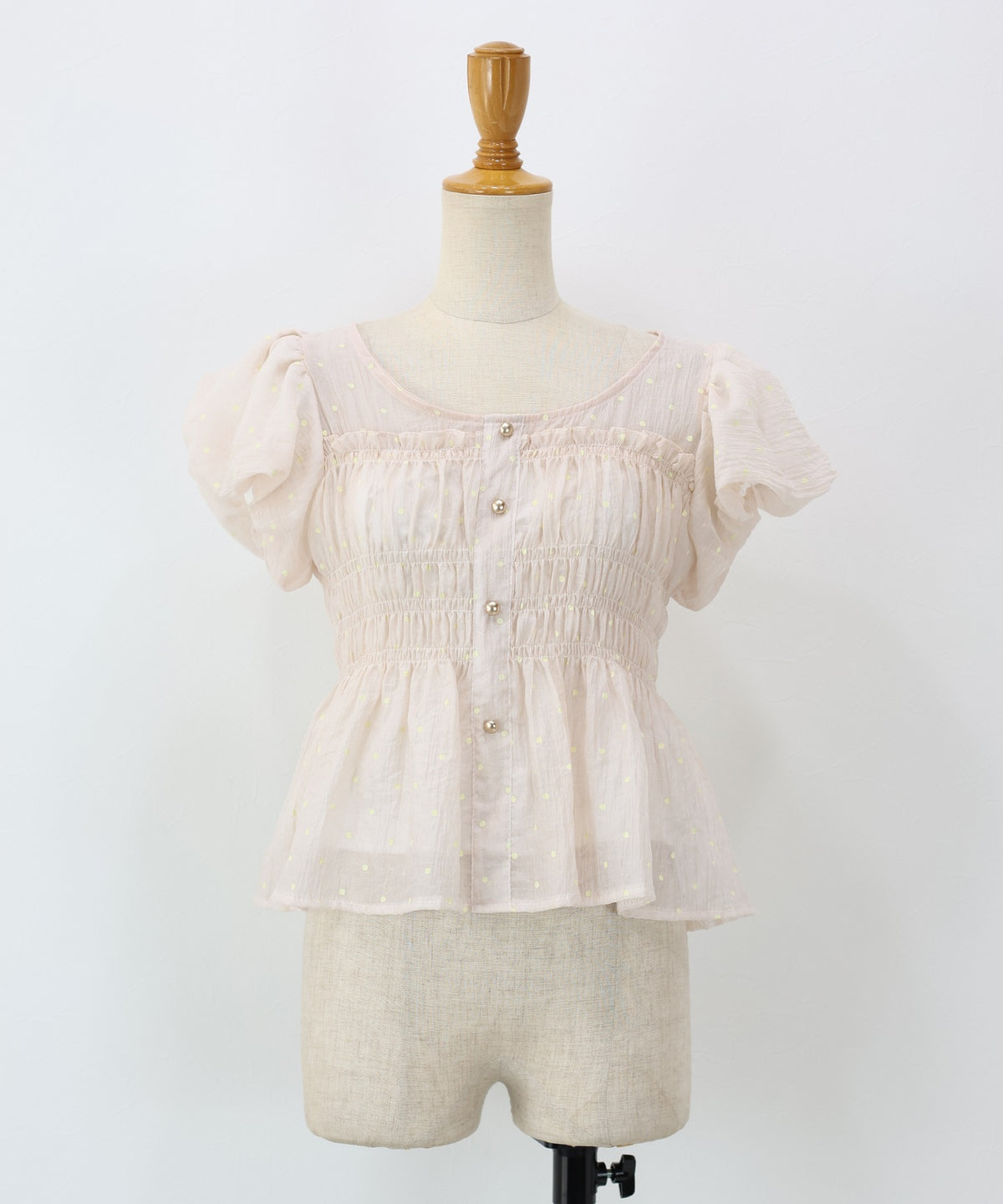 【Sale ended】Polka-Dot Shirred Blouse with Short Puff Sleeves