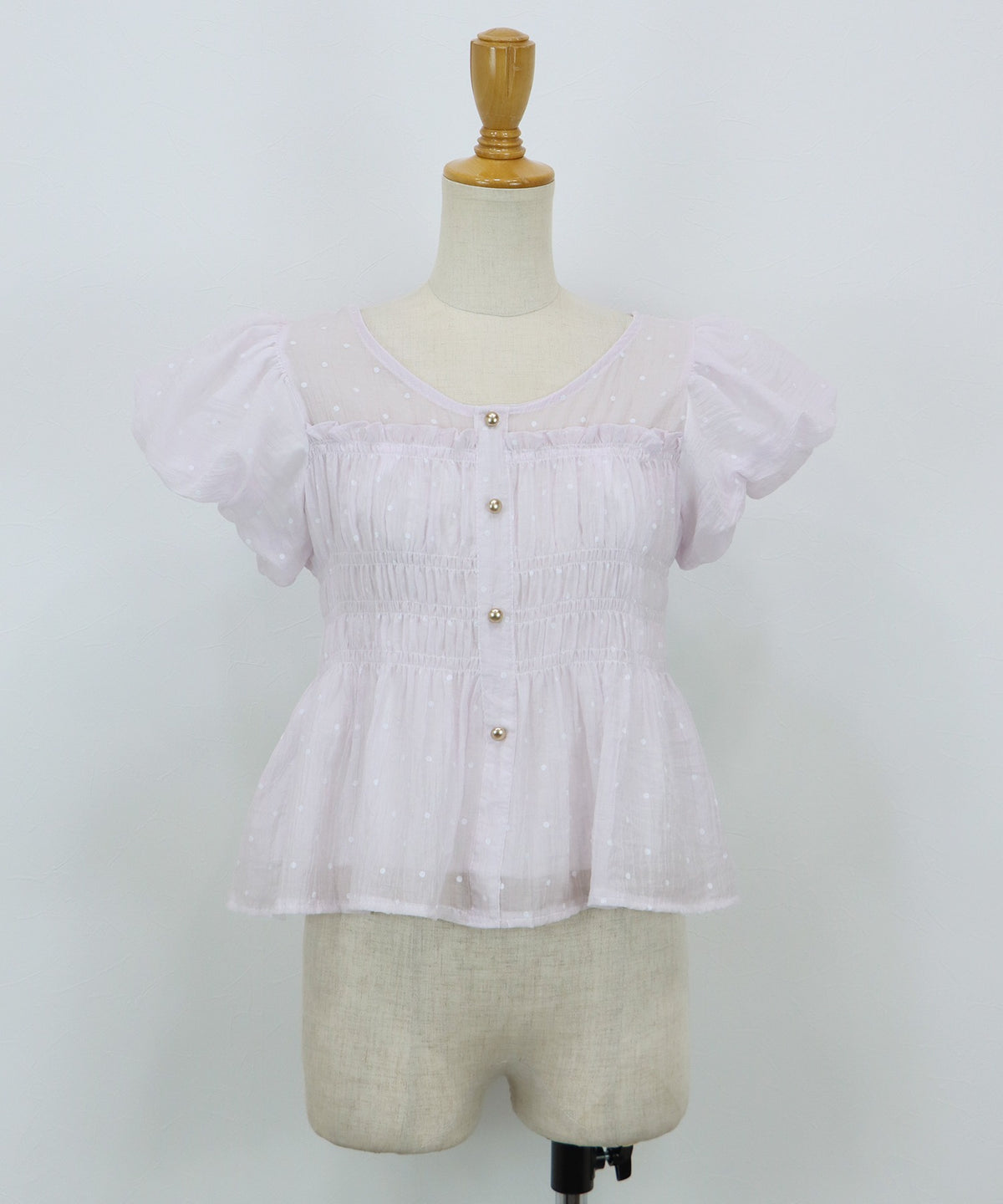 【Sale ended】Polka-Dot Shirred Blouse with Short Puff Sleeves