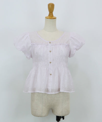 【Sale ended】Polka-Dot Shirred Blouse with Short Puff Sleeves