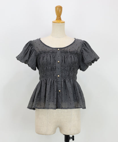【Sale ended】Polka-Dot Shirred Blouse with Short Puff Sleeves