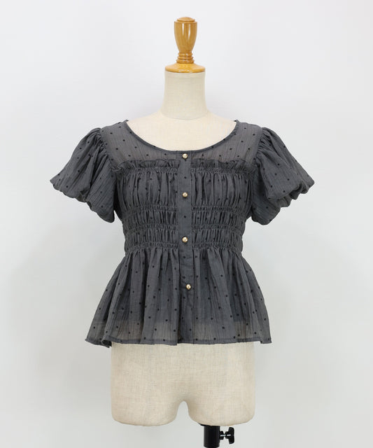 【Sale ended】Polka-Dot Shirred Blouse with Short Puff Sleeves