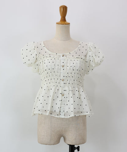 【Sale ended】Polka-Dot Shirred Blouse with Short Puff Sleeves