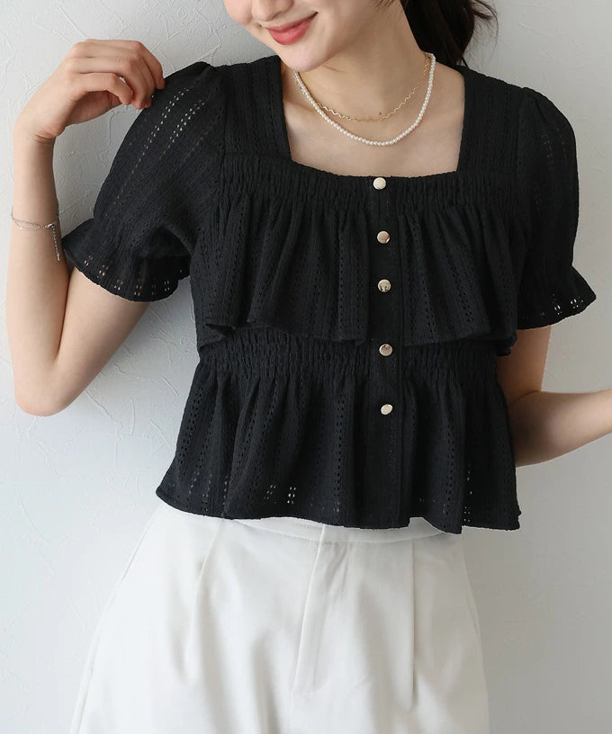 Button Shirt/Blouse Frilled Blouse Short Sleeve Square Tiered