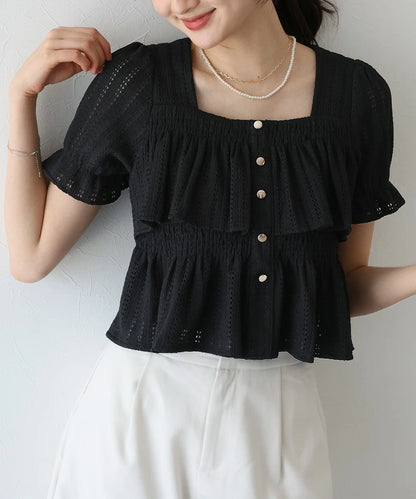 Button Shirt/Blouse Frilled Blouse Short Sleeve Square Tiered