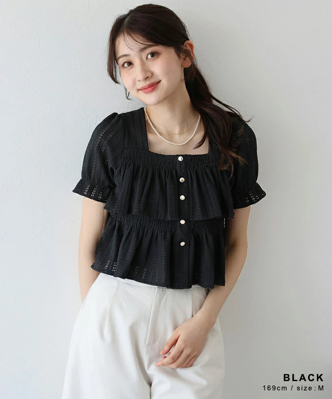 Button Shirt/Blouse Frilled Blouse Short Sleeve Square Tiered