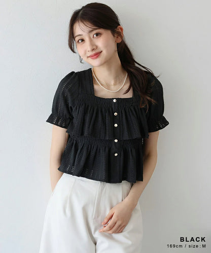 Button Shirt/Blouse Frilled Blouse Short Sleeve Square Tiered