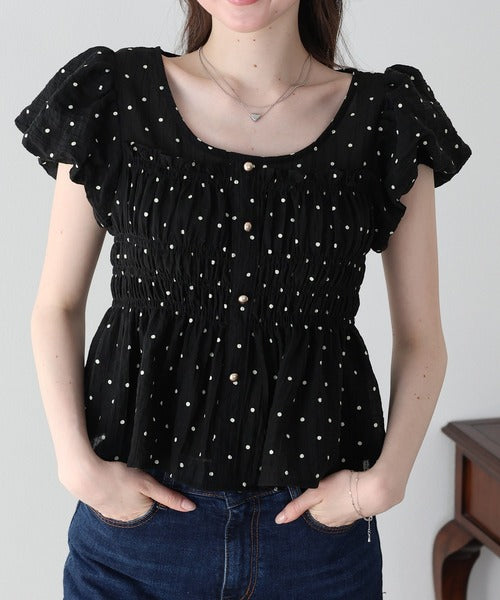 Button Shirt/Blouse Short Sleeve Shirring Puff Sleeve