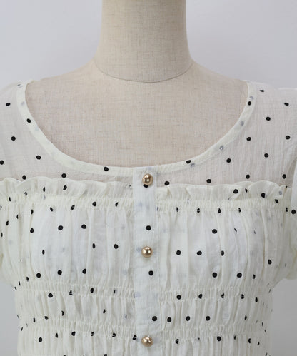 【Sale ended】Polka-Dot Shirred Blouse with Short Puff Sleeves