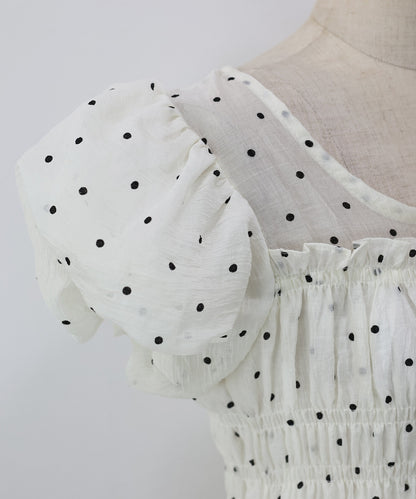 【Sale ended】Polka-Dot Shirred Blouse with Short Puff Sleeves