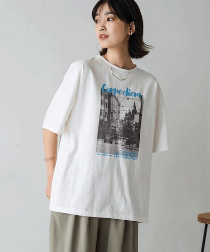 Town Photo Color Logo T-Shirt◇Oversized T-Shirt with Bold Photo Print