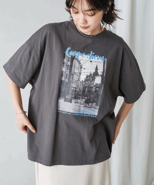 Town Photo Color Logo T-Shirt◇Oversized T-Shirt with Bold Photo Print