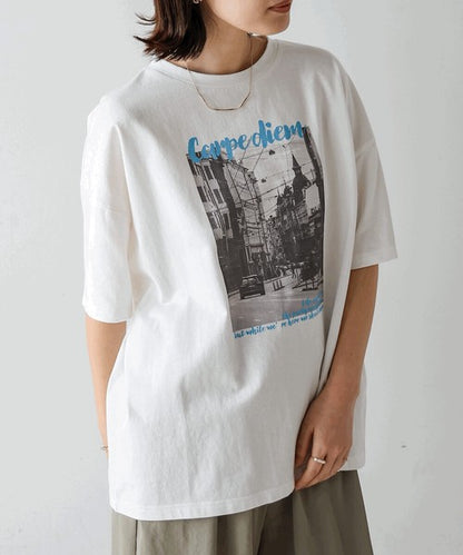 Town Photo Color Logo T-Shirt◇Oversized T-Shirt with Bold Photo Print
