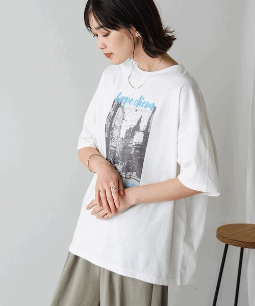 Town Photo Color Logo T-Shirt◇Oversized T-Shirt with Bold Photo Print