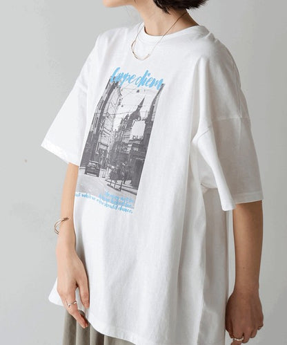 Town Photo Color Logo T-Shirt◇Oversized T-Shirt with Bold Photo Print