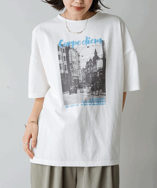 Town Photo Color Logo T-Shirt◇Oversized T-Shirt with Bold Photo Print