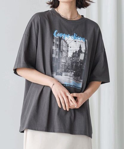 Town Photo Color Logo T-Shirt◇Oversized T-Shirt with Bold Photo Print