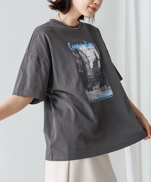Town Photo Color Logo T-Shirt◇Oversized T-Shirt with Bold Photo Print