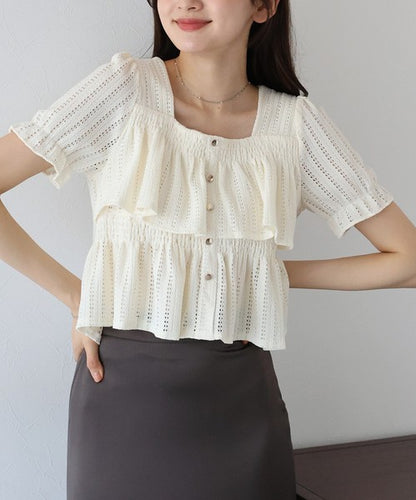 Button Shirt/Blouse Frilled Blouse Short Sleeve Square Tiered