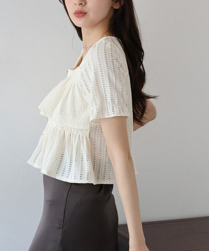 Button Shirt/Blouse Frilled Blouse Short Sleeve Square Tiered