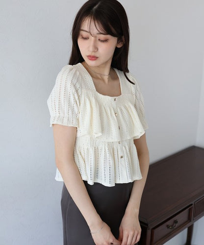 Button Shirt/Blouse Frilled Blouse Short Sleeve Square Tiered