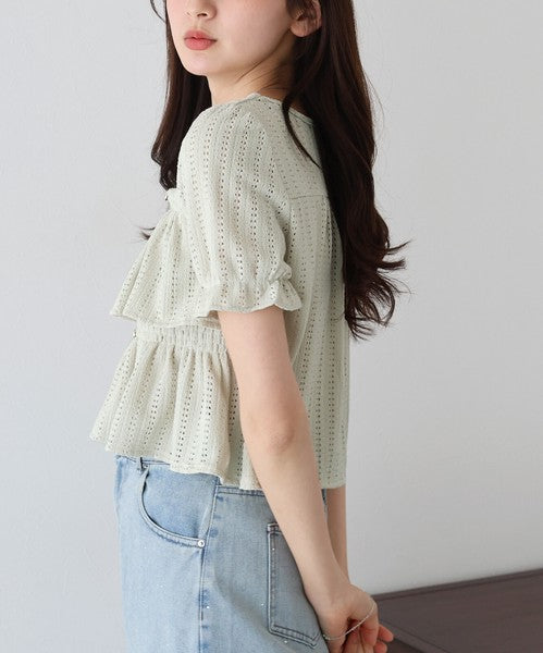 Button Shirt/Blouse Frilled Blouse Short Sleeve Square Tiered