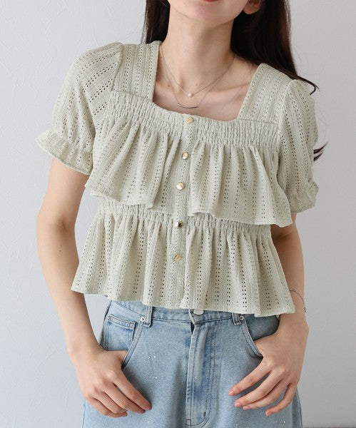 Button Shirt/Blouse Frilled Blouse Short Sleeve Square Tiered