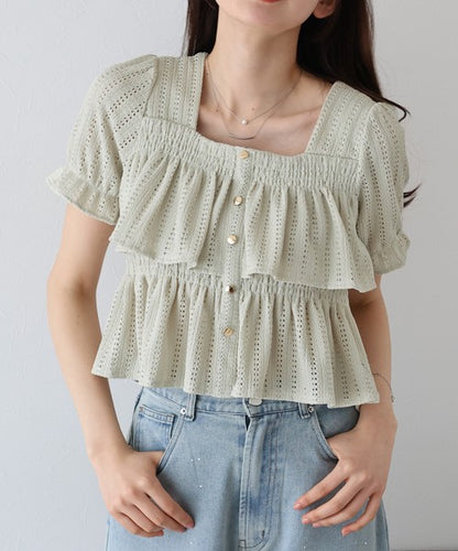 Button Shirt/Blouse Frilled Blouse Short Sleeve Square Tiered