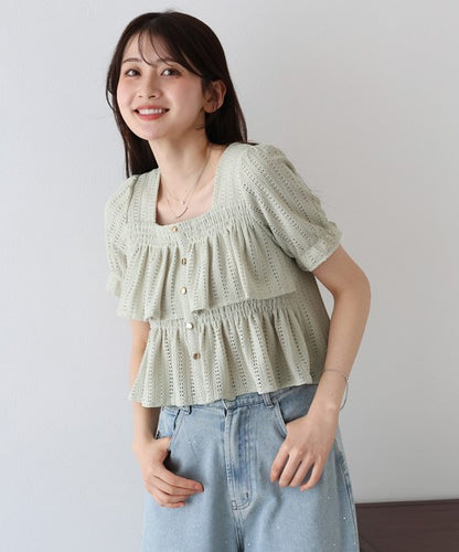 Button Shirt/Blouse Frilled Blouse Short Sleeve Square Tiered