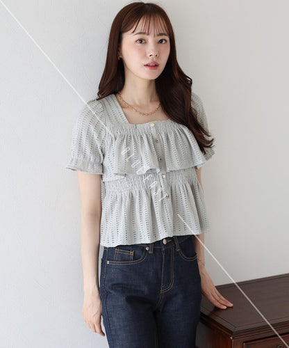 Button Shirt/Blouse Frilled Blouse Short Sleeve Square Tiered