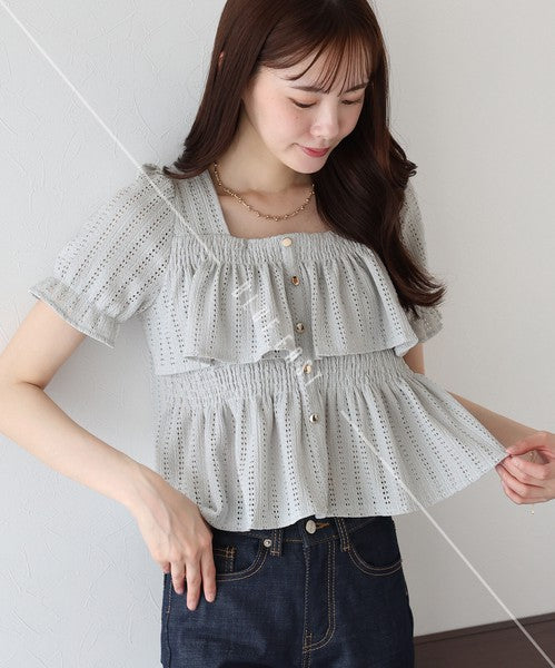 Button Shirt/Blouse Frilled Blouse Short Sleeve Square Tiered