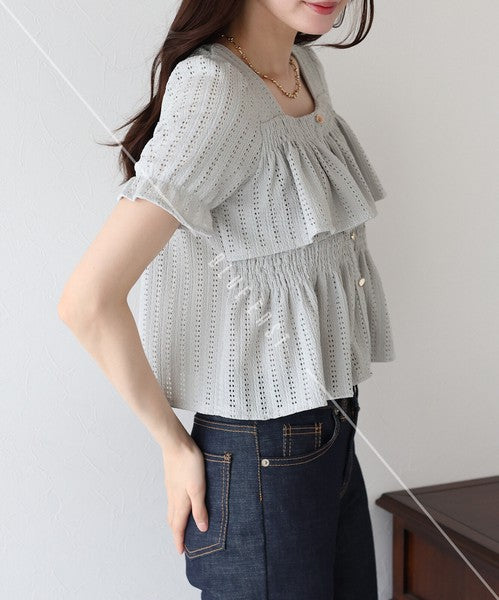 Button Shirt/Blouse Frilled Blouse Short Sleeve Square Tiered