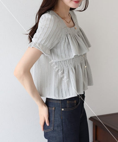 Button Shirt/Blouse Frilled Blouse Short Sleeve Square Tiered