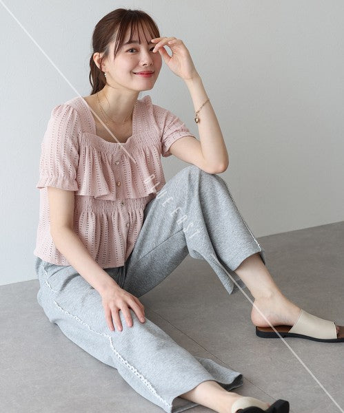 Button Shirt/Blouse Frilled Blouse Short Sleeve Square Tiered