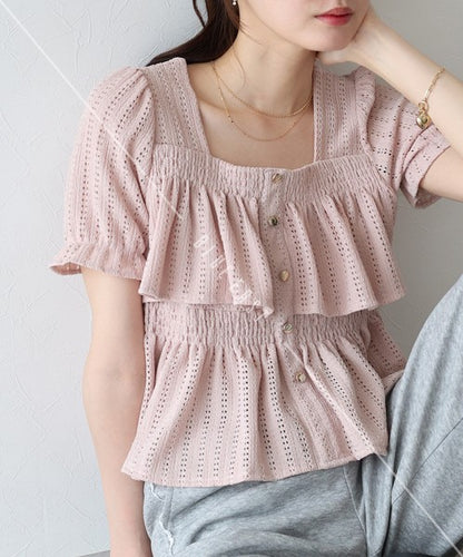 Button Shirt/Blouse Frilled Blouse Short Sleeve Square Tiered