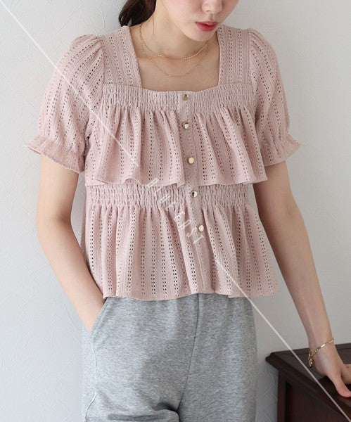 Button Shirt/Blouse Frilled Blouse Short Sleeve Square Tiered