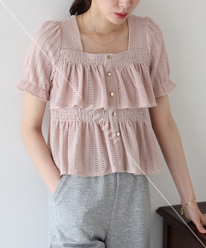 Button Shirt/Blouse Frilled Blouse Short Sleeve Square Tiered
