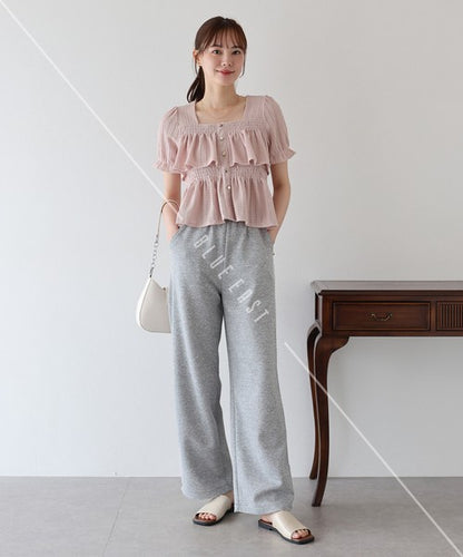 Button Shirt/Blouse Frilled Blouse Short Sleeve Square Tiered