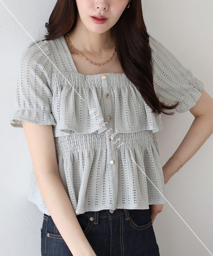 Button Shirt/Blouse Frilled Blouse Short Sleeve Square Tiered