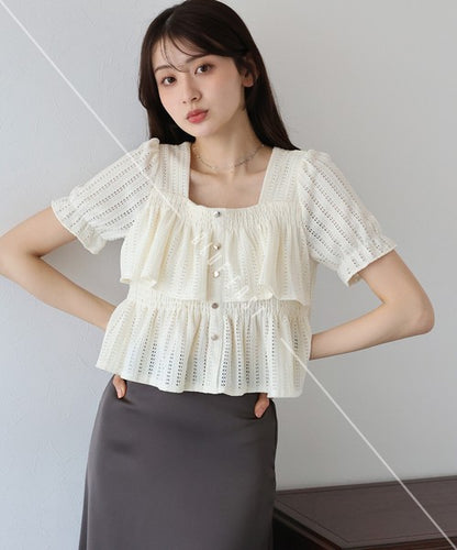 Button Shirt/Blouse Frilled Blouse Short Sleeve Square Tiered