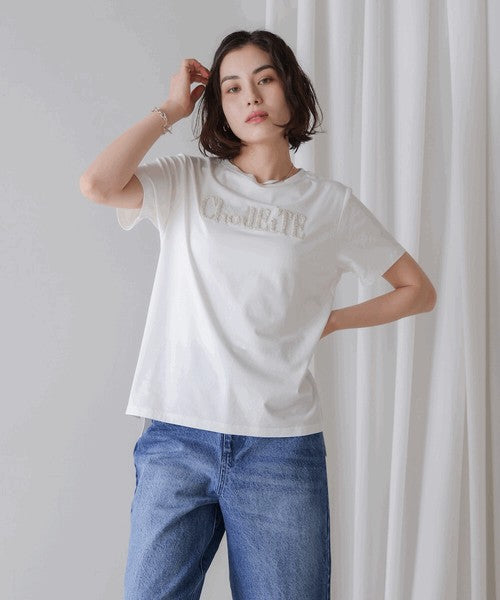 Lame Sagara Embroidery T-Shirt◇Cool-Touch Fabric Logo T-Shirt with Sagara Embroidery