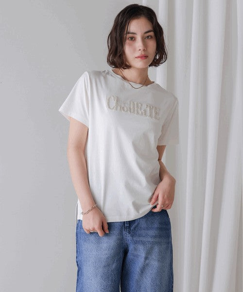 Lame Sagara Embroidery T-Shirt◇Cool-Touch Fabric Logo T-Shirt with Sagara Embroidery