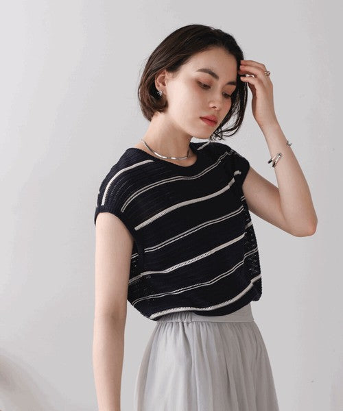 Sheer Border Knit Vest◇Elegant Striped Knit Vest