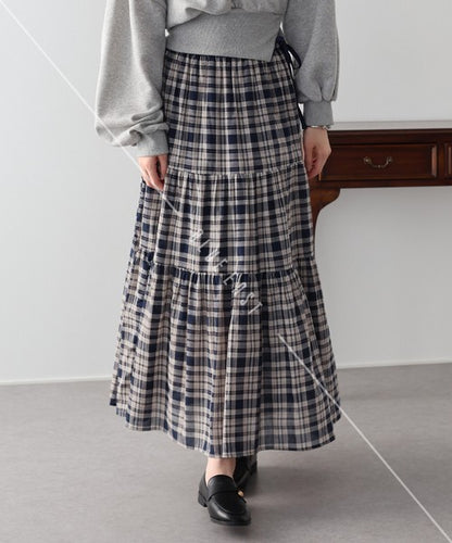 Skirt Check Pattern Ribbon Tiered Skirt Check